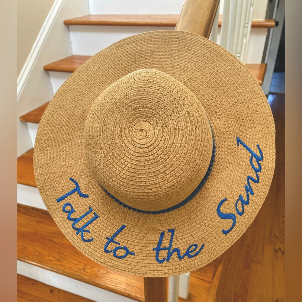 One Size tan Floppy Sun Hat made from 100% paper Talk to the Sand in blue.